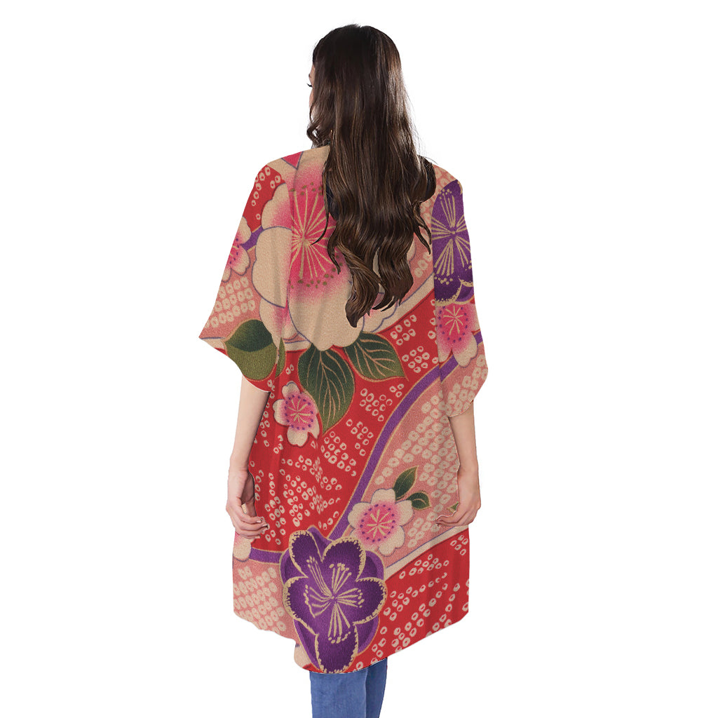 Cherry Blossom Kimono Pattern Print Open Front Beach Cover Up