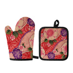 Cherry Blossom Kimono Pattern Print Oven Mitt And Pot Holder Set