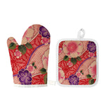 Cherry Blossom Kimono Pattern Print Oven Mitt And Pot Holder Set