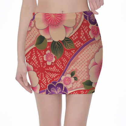 Cherry Blossom Kimono Pattern Print Pencil Mini Skirt