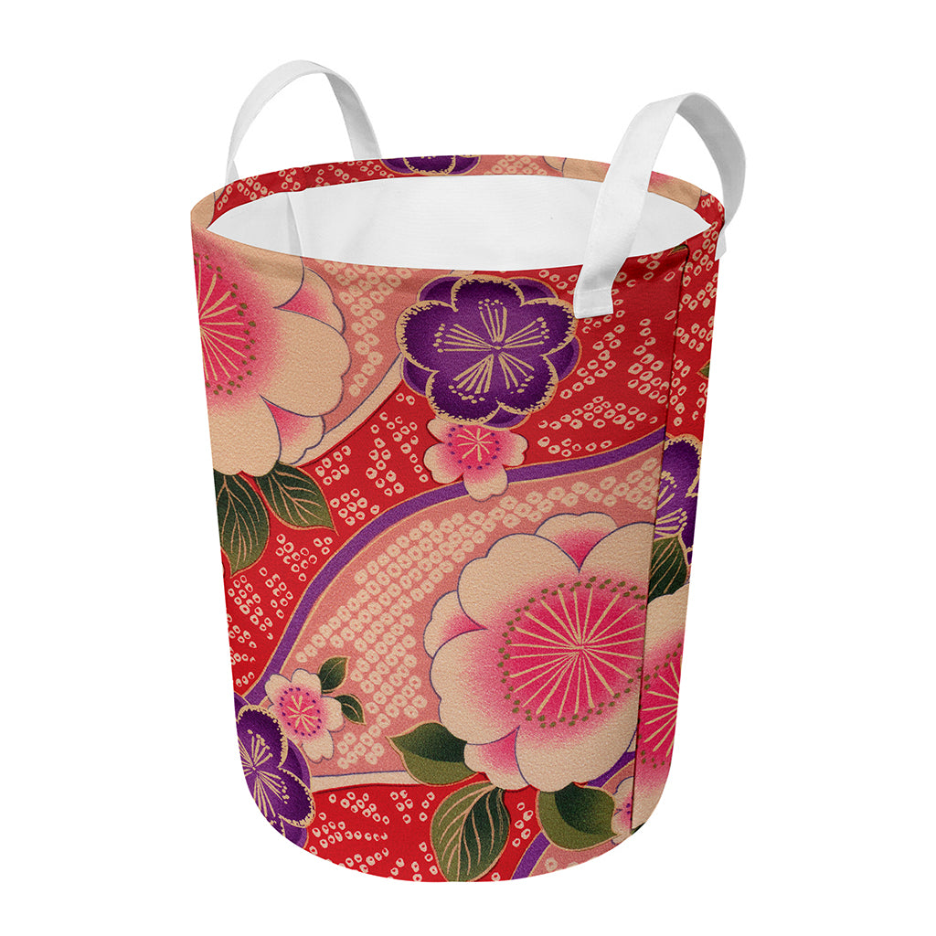 Cherry Blossom Kimono Pattern Print Round Laundry Basket