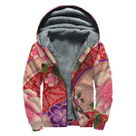 Cherry Blossom Kimono Pattern Print Sherpa Lined Zip Up Hoodie