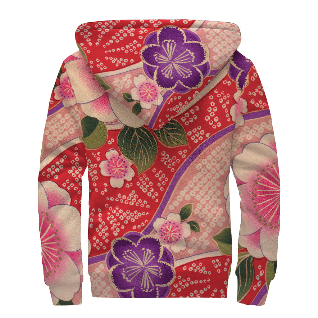 Cherry Blossom Kimono Pattern Print Sherpa Lined Zip Up Hoodie