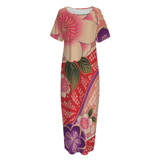 Cherry Blossom Kimono Pattern Print Short Sleeve Long Nightdress