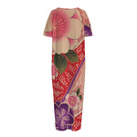 Cherry Blossom Kimono Pattern Print Short Sleeve Long Nightdress