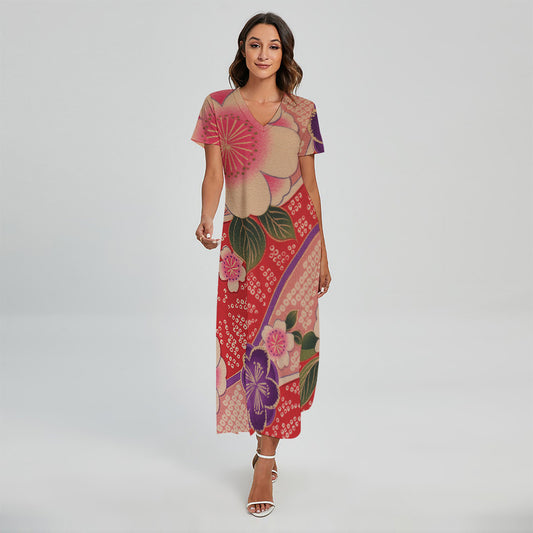 Cherry Blossom Kimono Pattern Print Short Sleeve Maxi Dress
