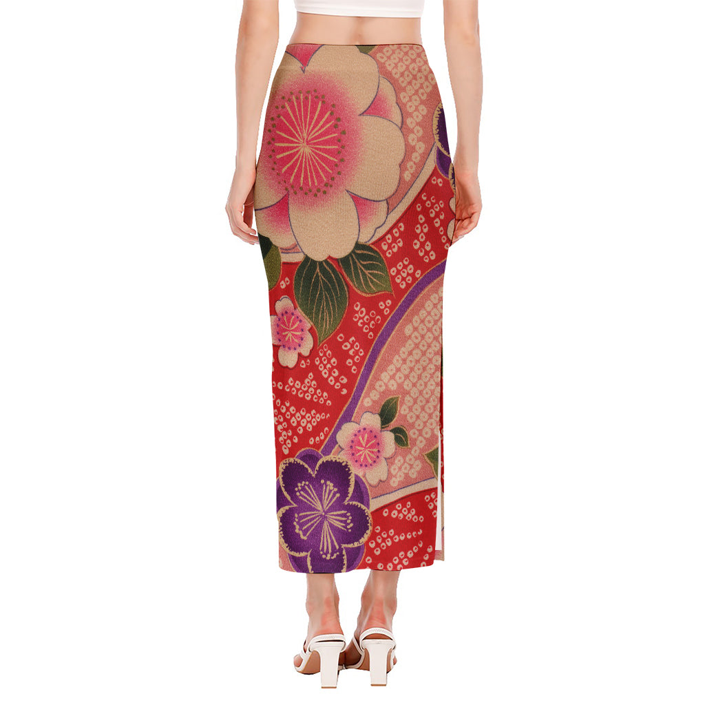 Cherry Blossom Kimono Pattern Print Side Slit Maxi Skirt