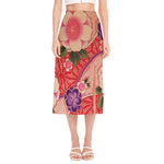 Cherry Blossom Kimono Pattern Print Side Slit Midi Skirt