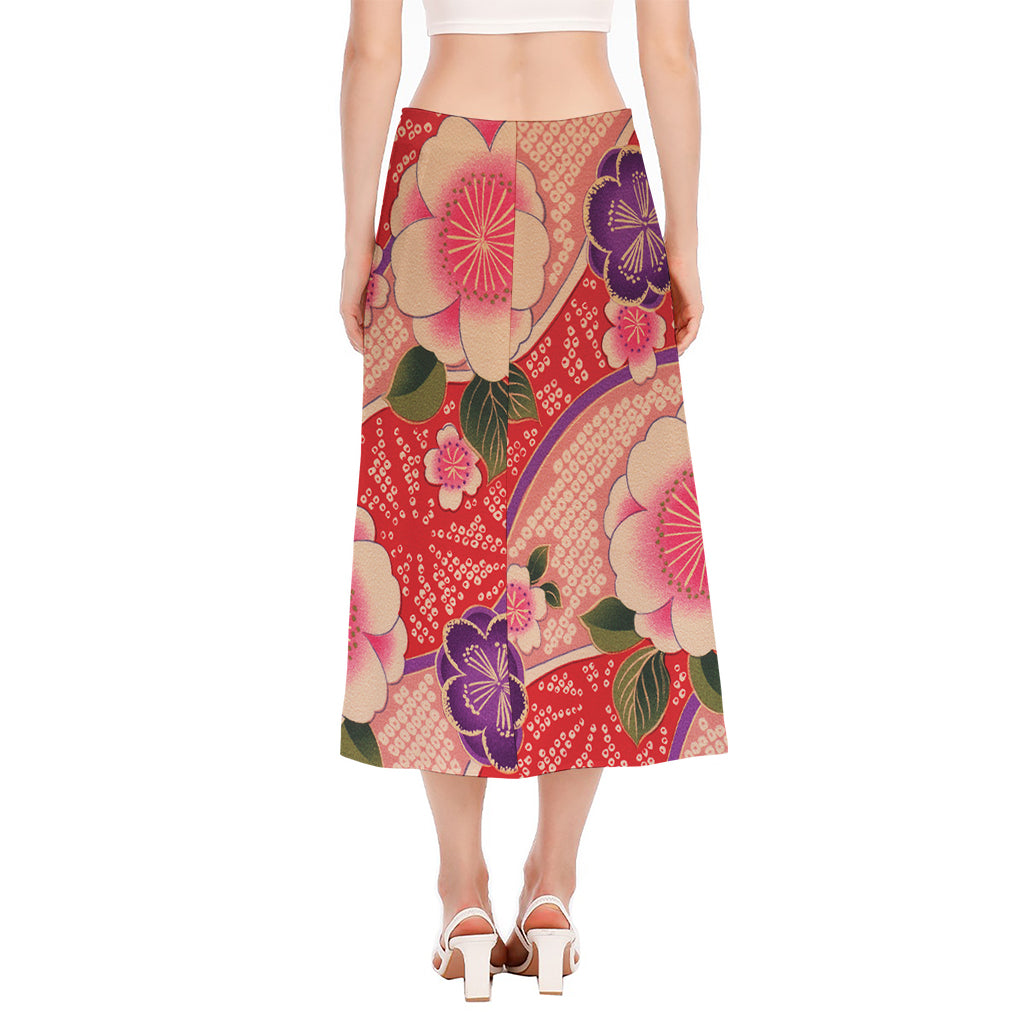 Cherry Blossom Kimono Pattern Print Side Slit Midi Skirt