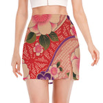 Cherry Blossom Kimono Pattern Print Side Slit Mini Skirt