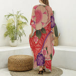 Cherry Blossom Kimono Pattern Print Silk V-Neck Kaftan Dress