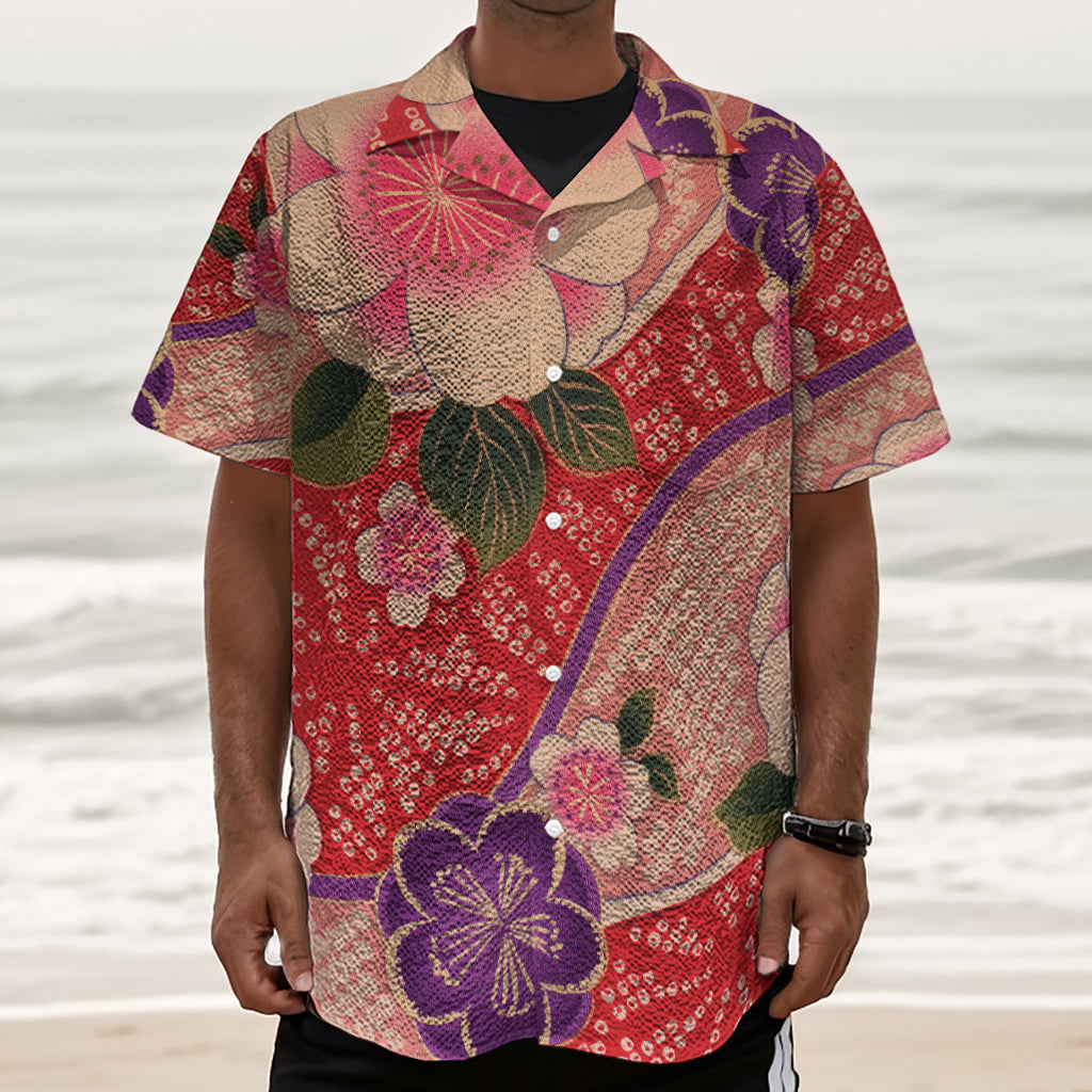 Cherry Blossom Kimono Pattern Print Textured Short Sleeve Shirt