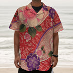 Cherry Blossom Kimono Pattern Print Textured Short Sleeve Shirt