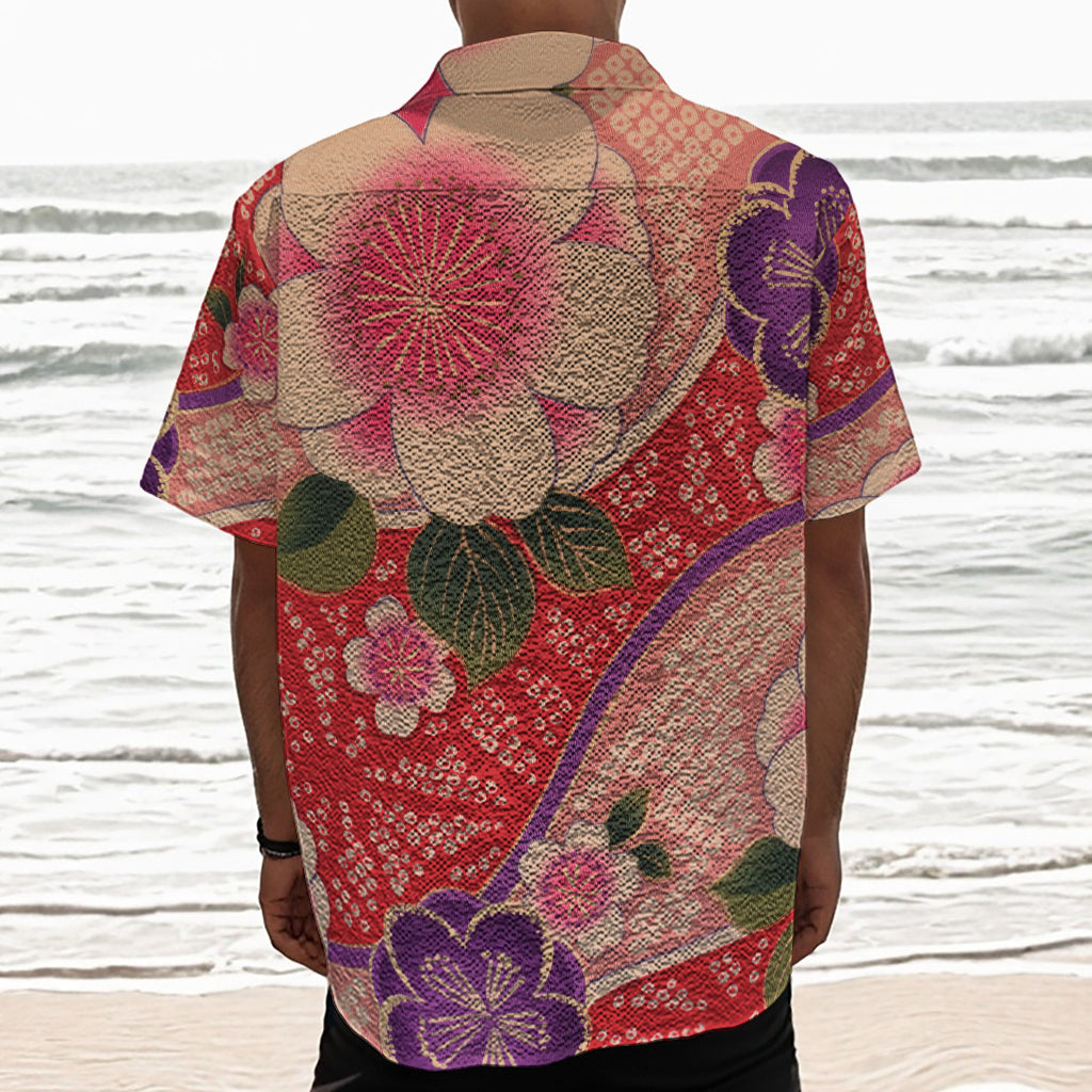 Cherry Blossom Kimono Pattern Print Textured Short Sleeve Shirt