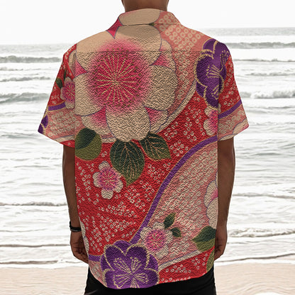 Cherry Blossom Kimono Pattern Print Textured Short Sleeve Shirt