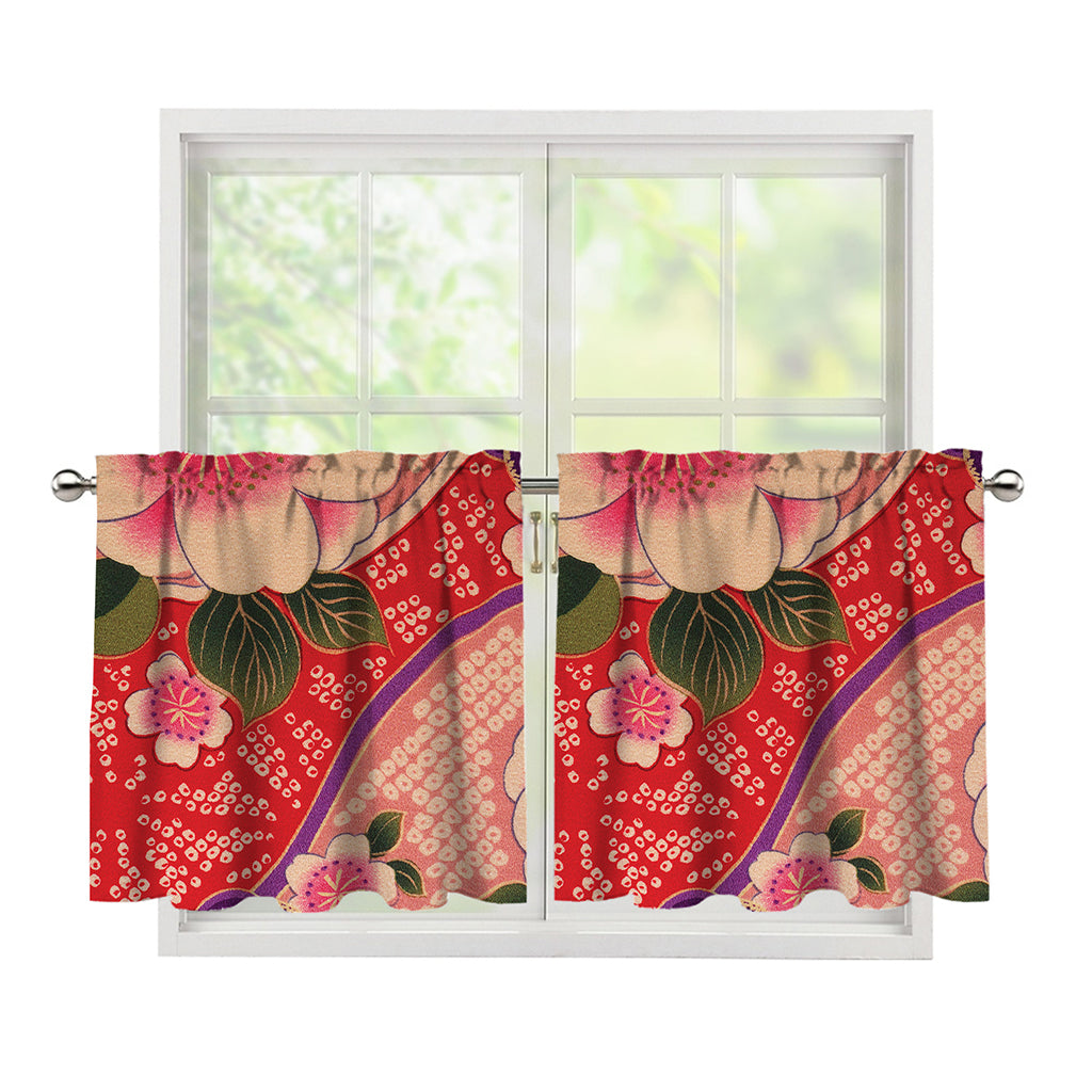 Cherry Blossom Kimono Pattern Print Tier Curtains
