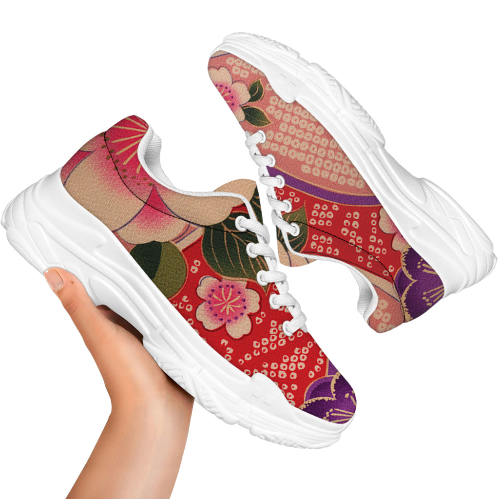Cherry Blossom Kimono Pattern Print White Chunky Shoes