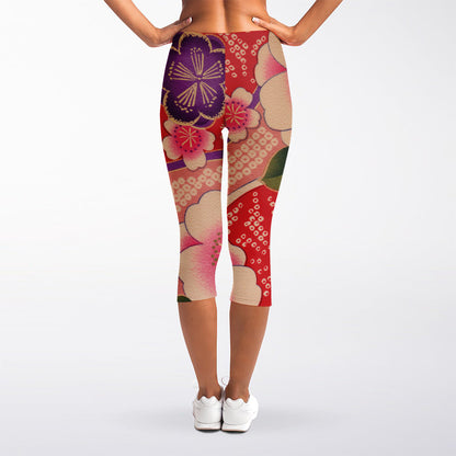 Cherry Blossom Kimono Pattern Print Women's Capri Leggings