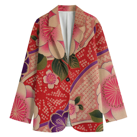 Cherry Blossom Kimono Pattern Print Women's Cotton Blazer