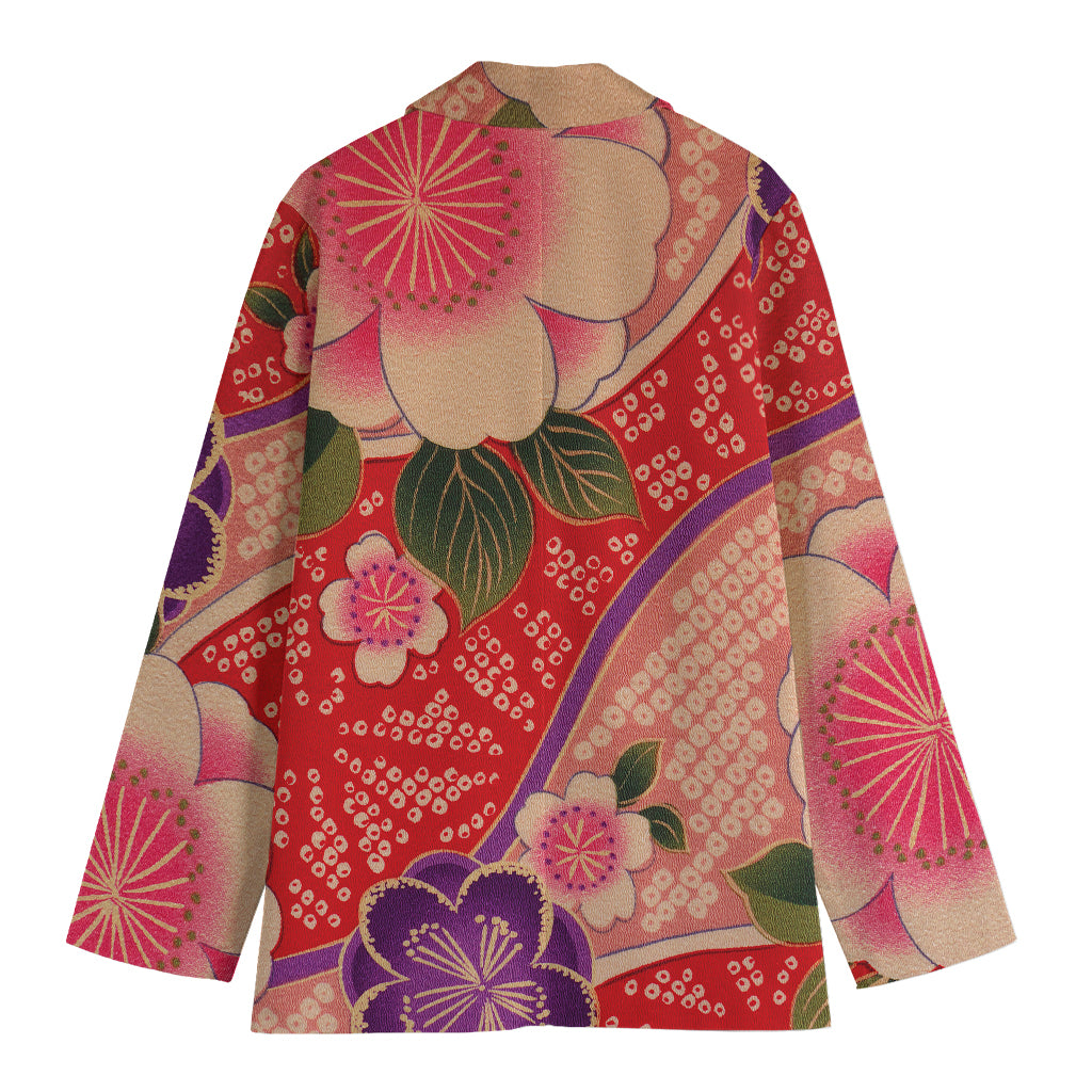 Cherry Blossom Kimono Pattern Print Women's Cotton Blazer