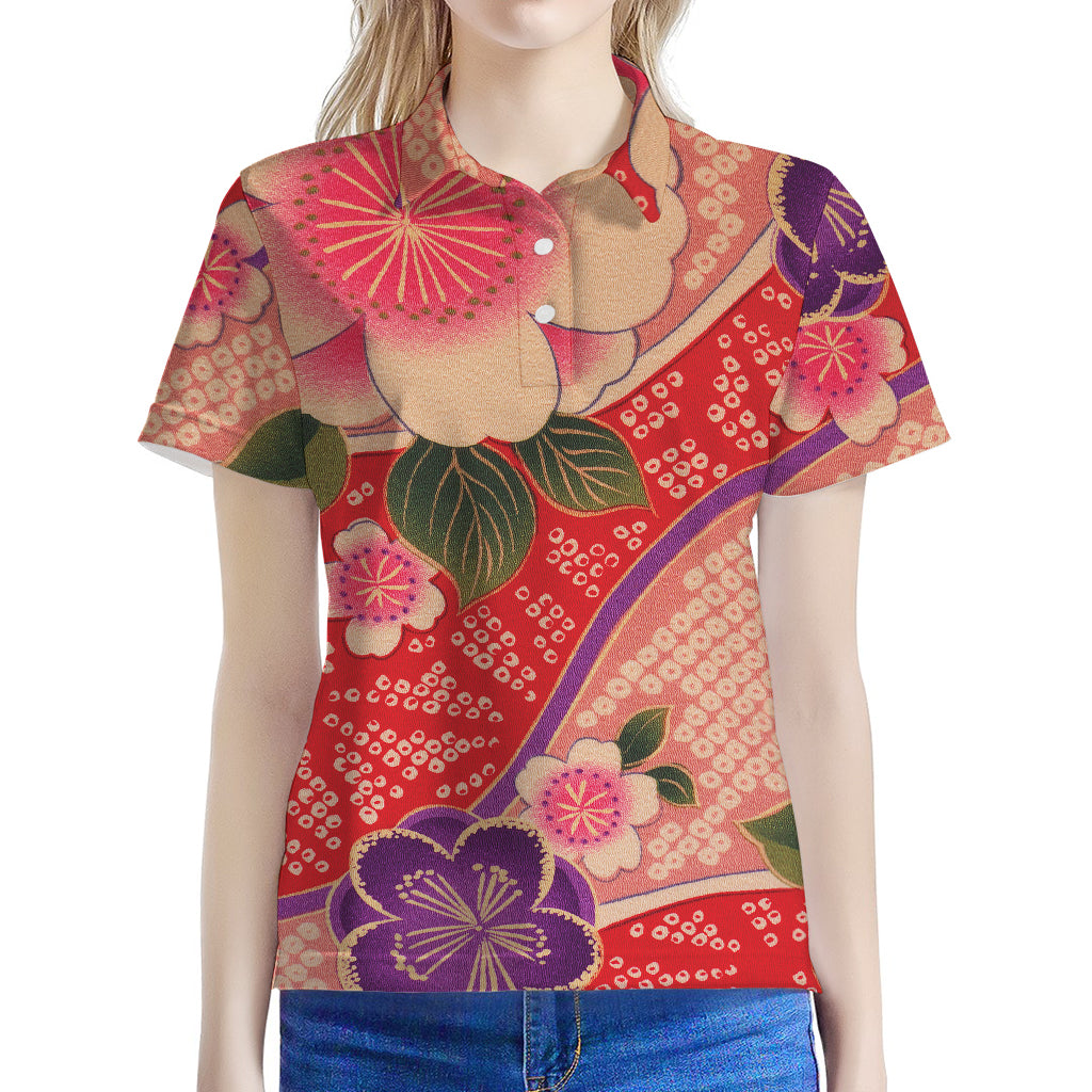 Cherry Blossom Kimono Pattern Print Women's Polo Shirt