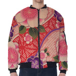 Cherry Blossom Kimono Pattern Print Zip Sleeve Bomber Jacket