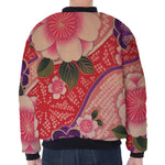 Cherry Blossom Kimono Pattern Print Zip Sleeve Bomber Jacket