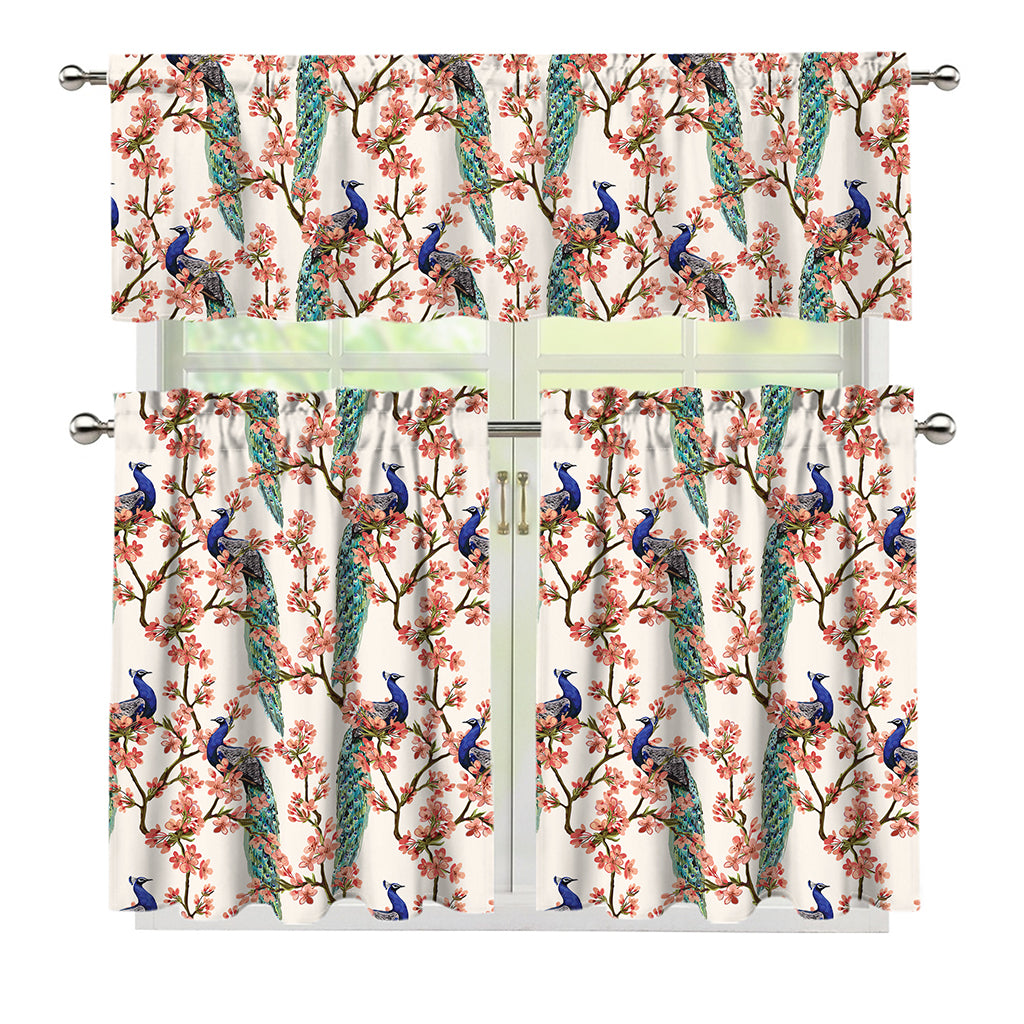 Cherry Blossom Peacock Print 3 Piece Kitchen Curtains