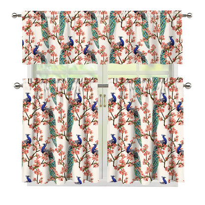 Cherry Blossom Peacock Print 3 Piece Kitchen Curtains