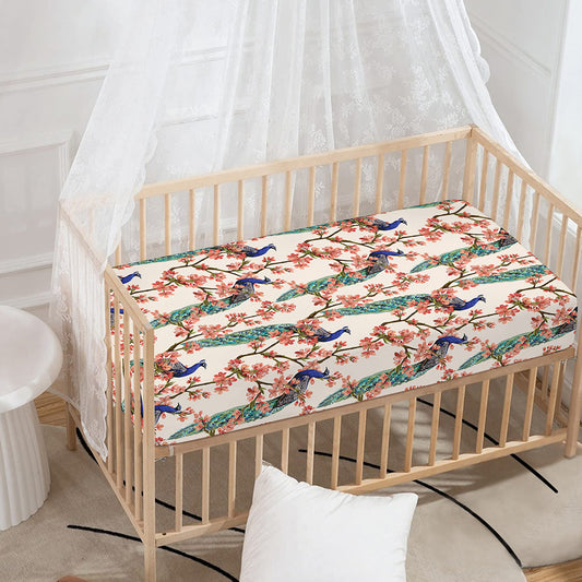 Cherry Blossom Peacock Print Baby Crib Sheet