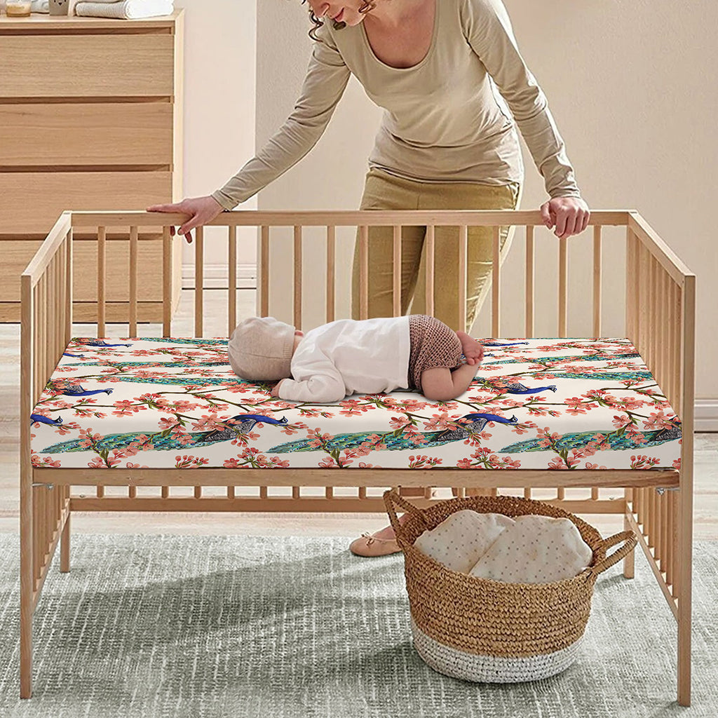 Cherry Blossom Peacock Print Baby Crib Sheet