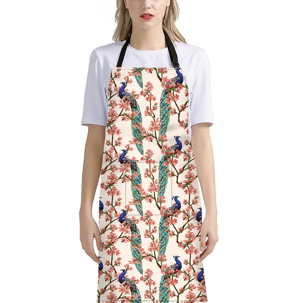 Cherry Blossom Peacock Print Bib Apron With Pocket