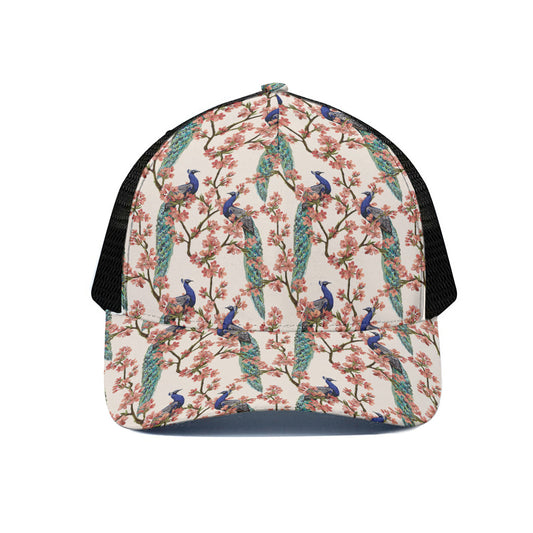Cherry Blossom Peacock Print Black Mesh Trucker Cap