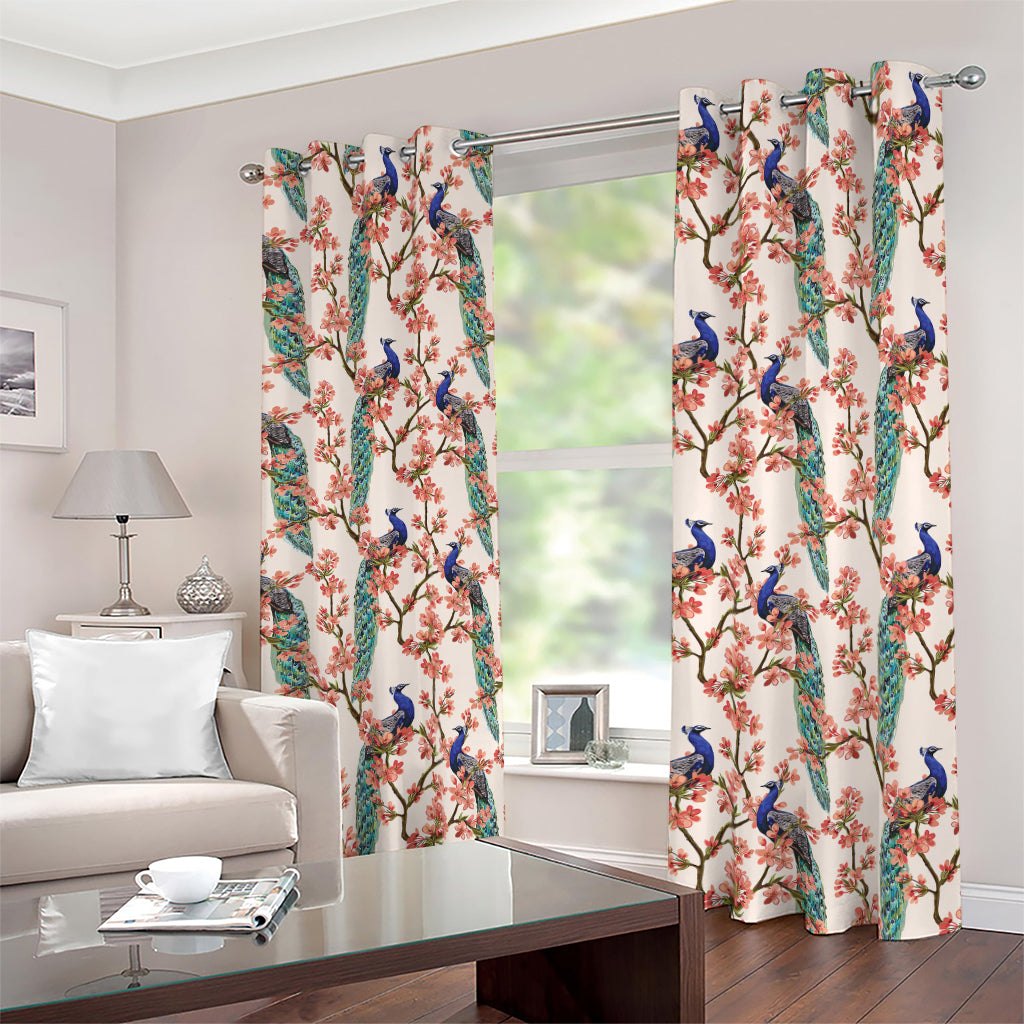Cherry Blossom Peacock Print Blackout Grommet Curtains