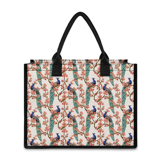 Cherry Blossom Peacock Print Canvas Tote Bag