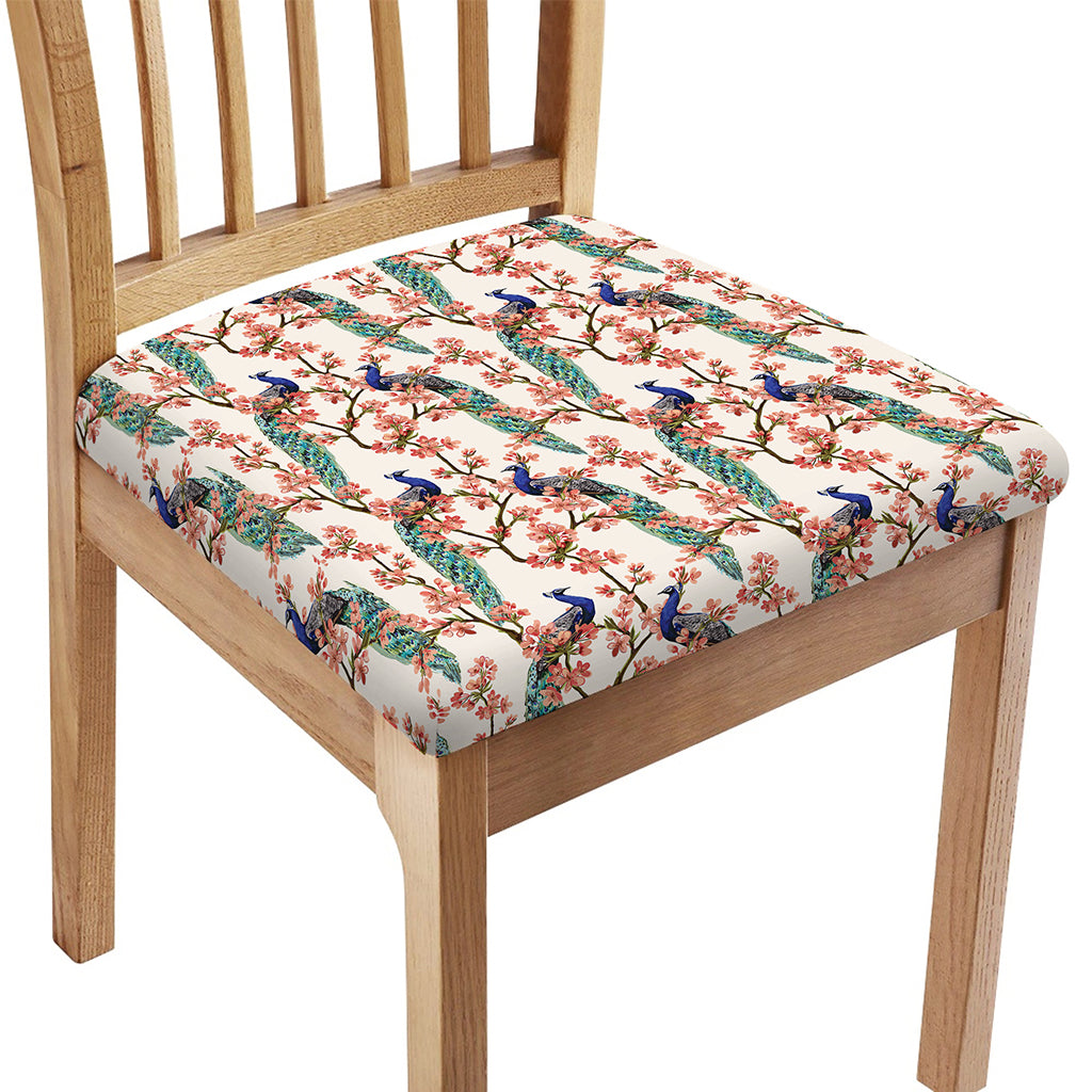 Cherry Blossom Peacock Print Chair Cushion Cover