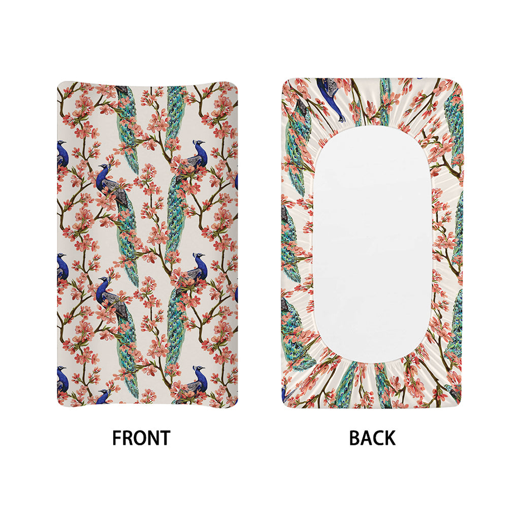 Cherry Blossom Peacock Print Changing Pad Cover