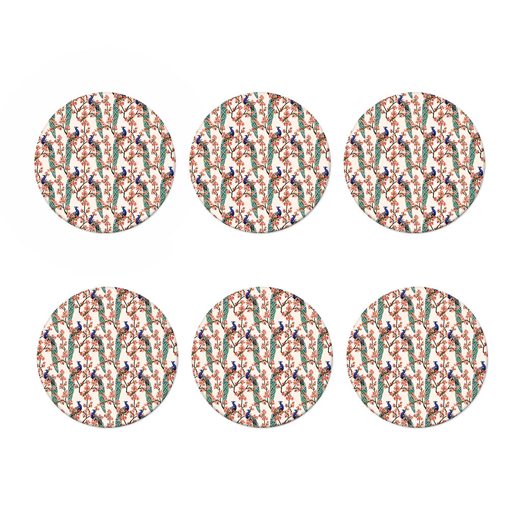 Cherry Blossom Peacock Print Coaster Set