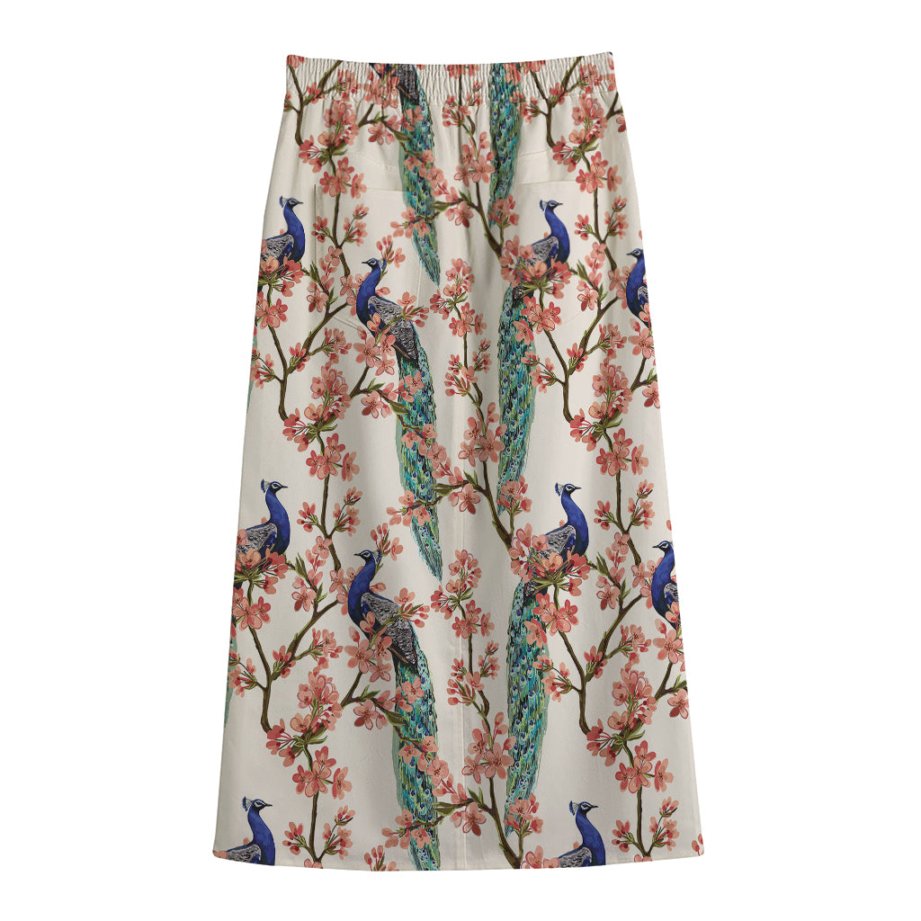 Cherry Blossom Peacock Print Cotton Front Slit Maxi Skirt