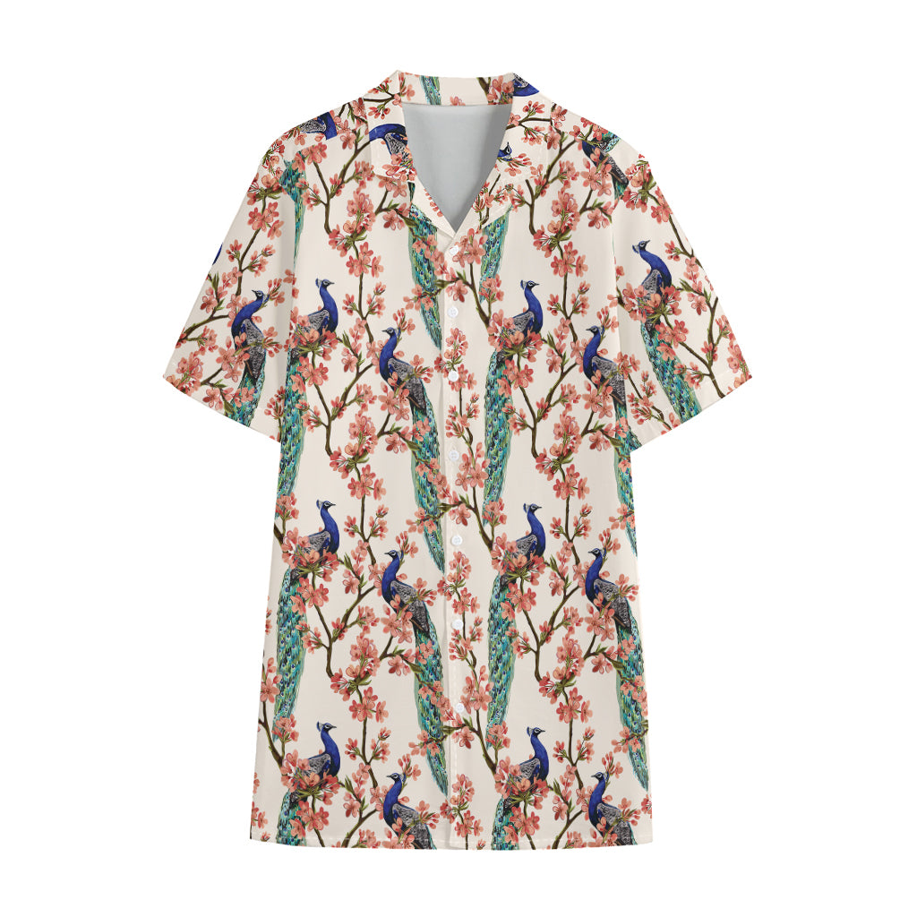Cherry Blossom Peacock Print Cotton Hawaiian Shirt