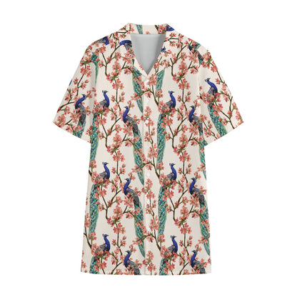 Cherry Blossom Peacock Print Cotton Hawaiian Shirt