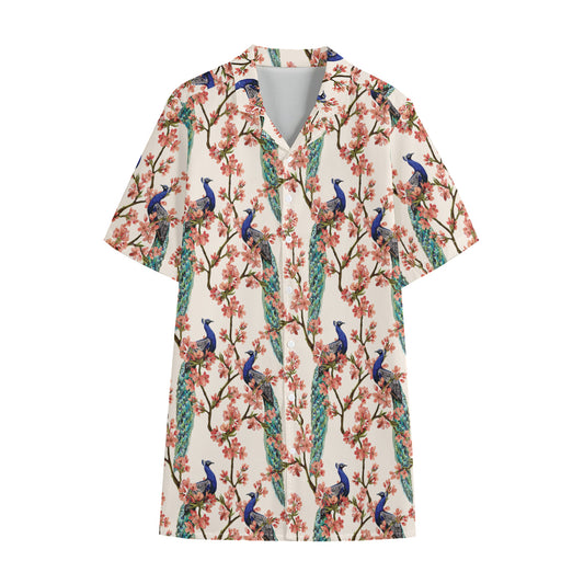 Cherry Blossom Peacock Print Cotton Hawaiian Shirt