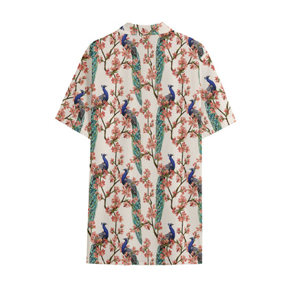 Cherry Blossom Peacock Print Cotton Hawaiian Shirt