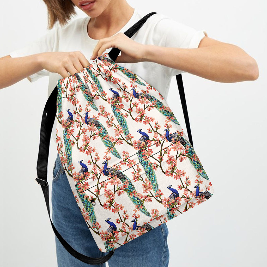 Cherry Blossom Peacock Print Drawstring Backpack
