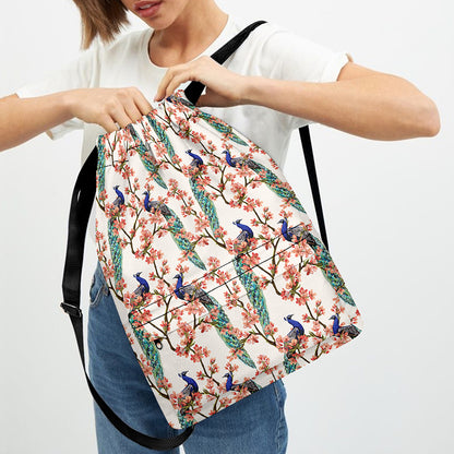 Cherry Blossom Peacock Print Drawstring Backpack