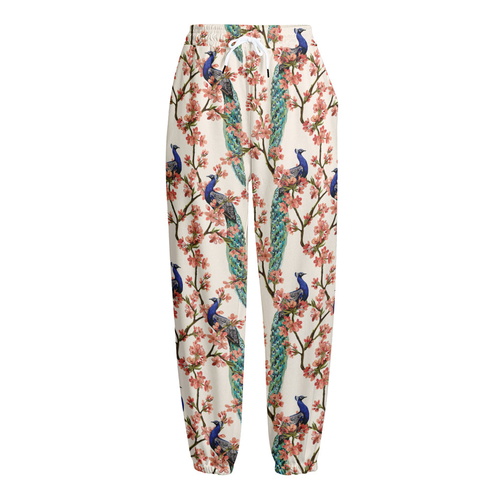 Cherry Blossom Peacock Print Fleece Lined Knit Pants