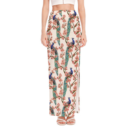 Cherry Blossom Peacock Print High Slit Maxi Skirt