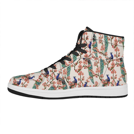 Cherry Blossom Peacock Print High Top Leather Sneakers