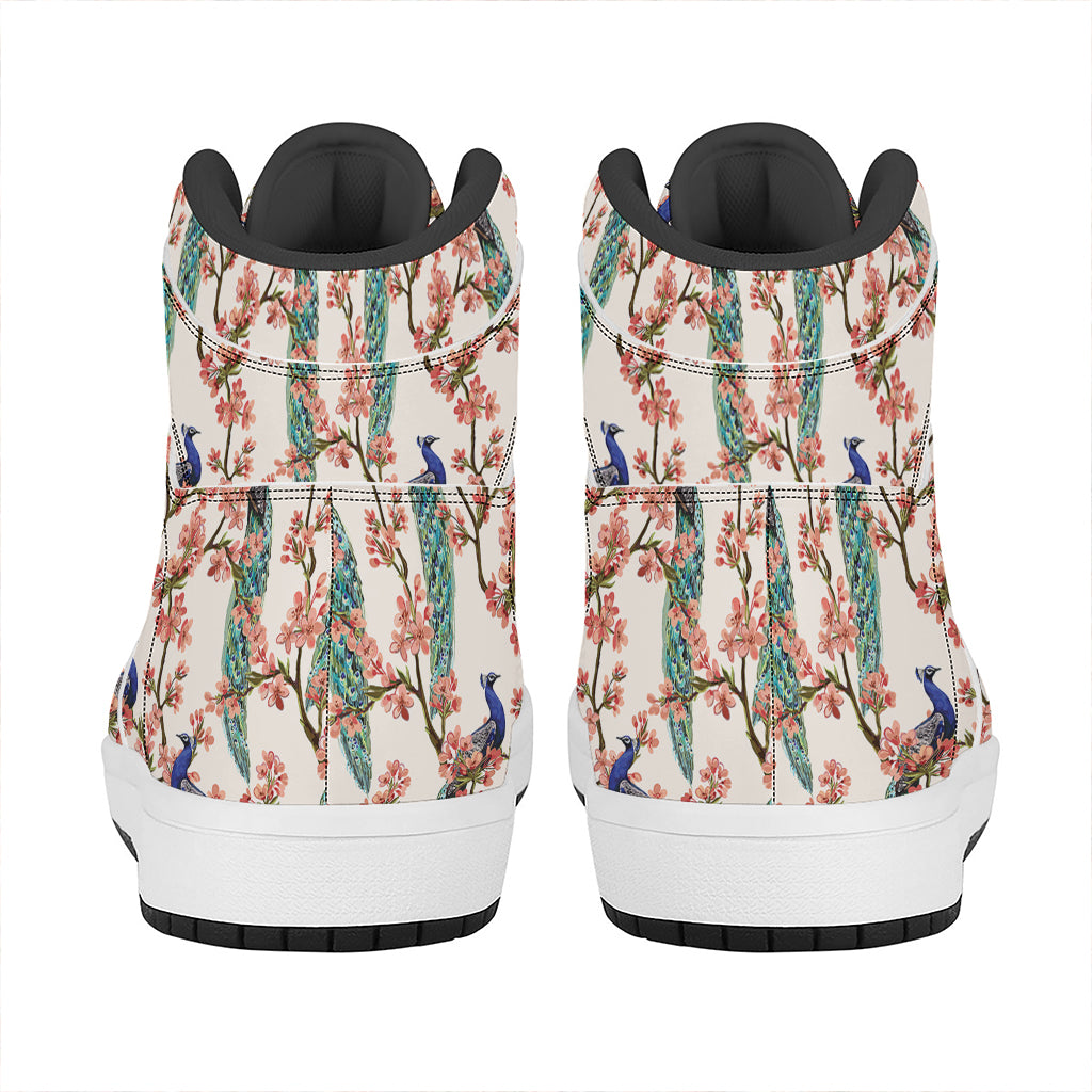 Cherry Blossom Peacock Print High Top Leather Sneakers