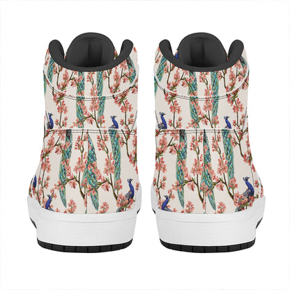 Cherry Blossom Peacock Print High Top Leather Sneakers
